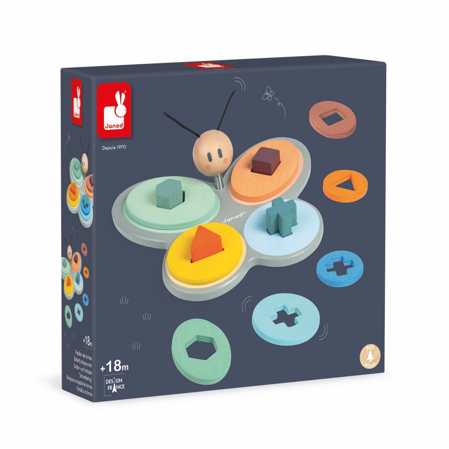 Janod Sweet Cocoon Butterfly Shape Sorter | Scandi Style Wooden Toddler Activity Toy | Packaging | BeoVERDE.ie
