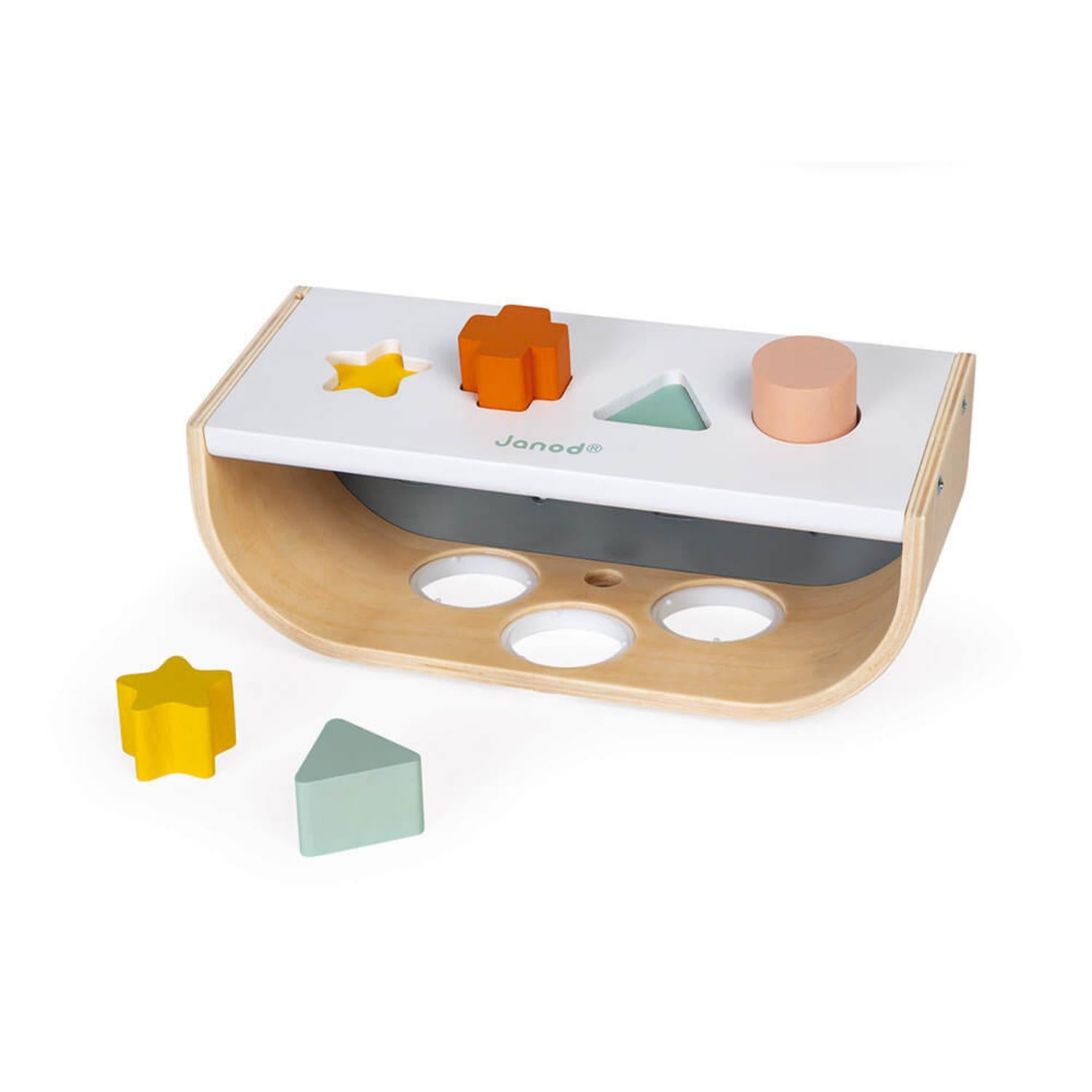 Janod Sweet Cocoon Tap Tap Shape Sorter | Scandi Style Wooden Toddler Activity Toy | Upside Down – Right Side View | BeoVERDE.ie
