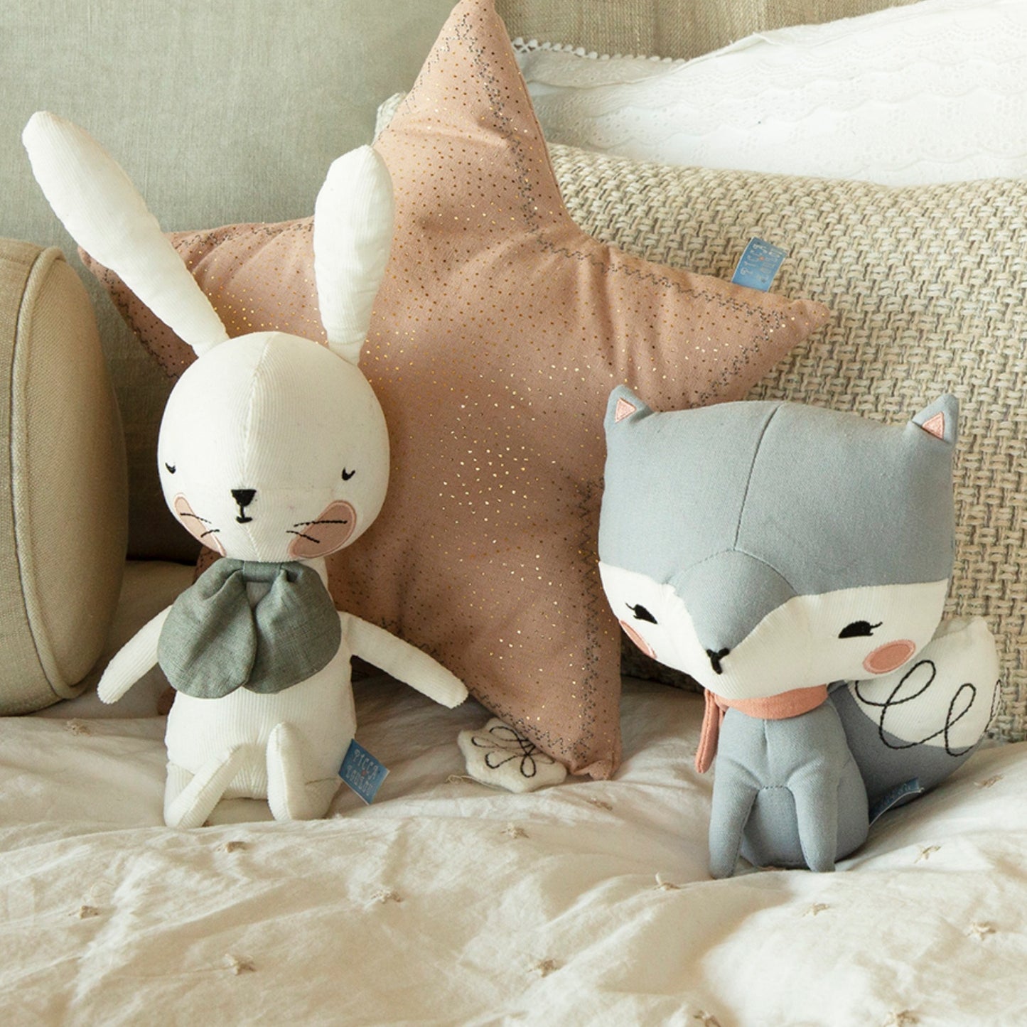 Crafted Soft Toy Made From Cotton | Lifestyle – White Rabbit & Fox on Bed | BeoVERDE.ie