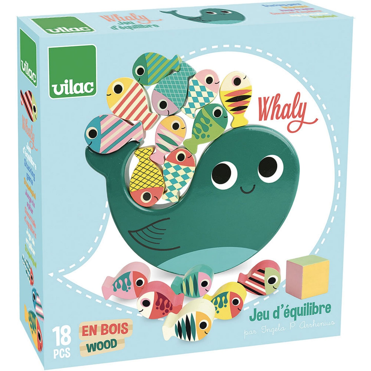 Vilac Whaly Balancing Game Designed by Ingela P. Arrhenius | Hand-Crafted Wooden Toy | Wooden Stacking Balancing Game | Packaging | BeoVERDE.ie