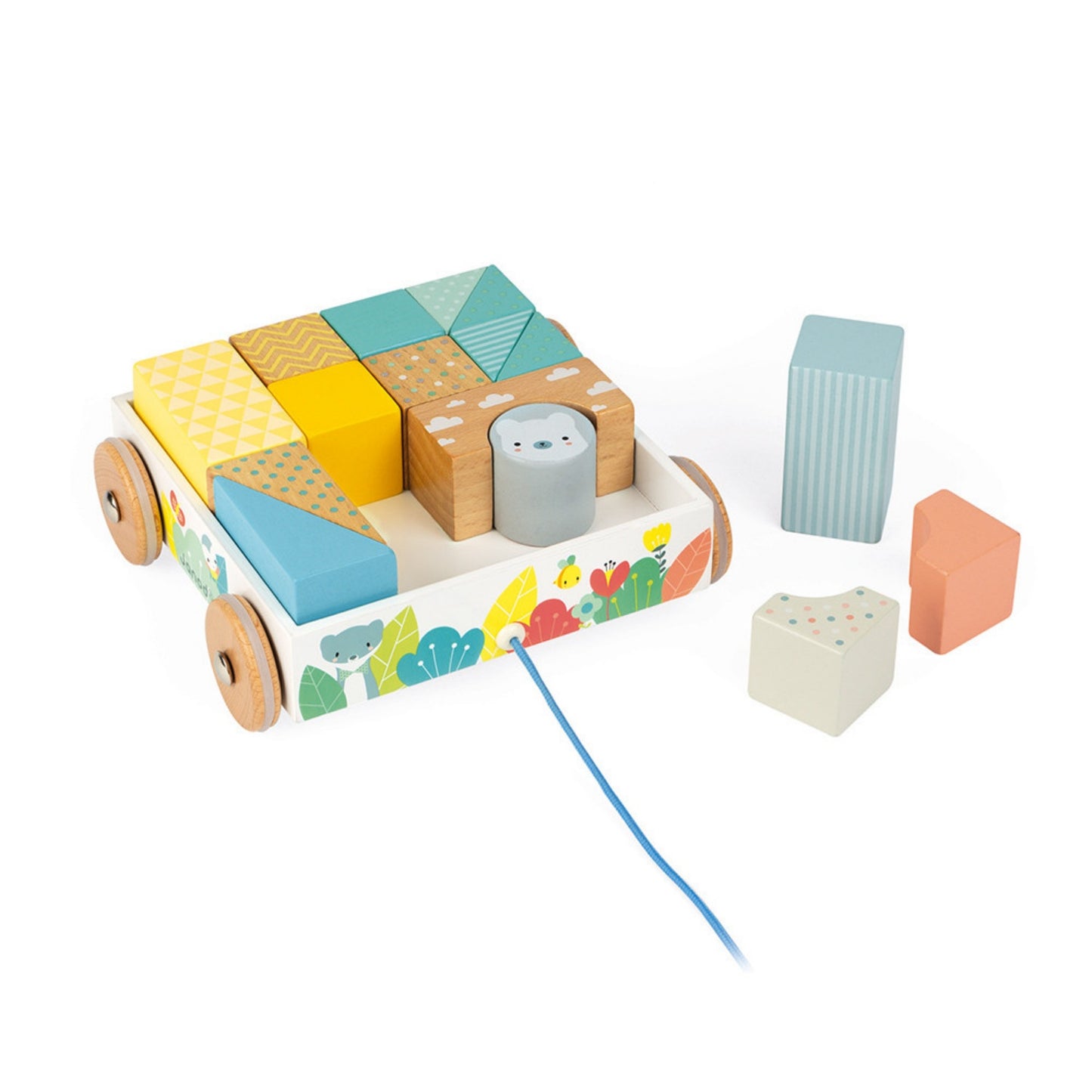Blocks Cart | Wooden Toddler Activity Toy | Front Side View, 3 Blocks Outside Right Side | BeoVERDE.ie