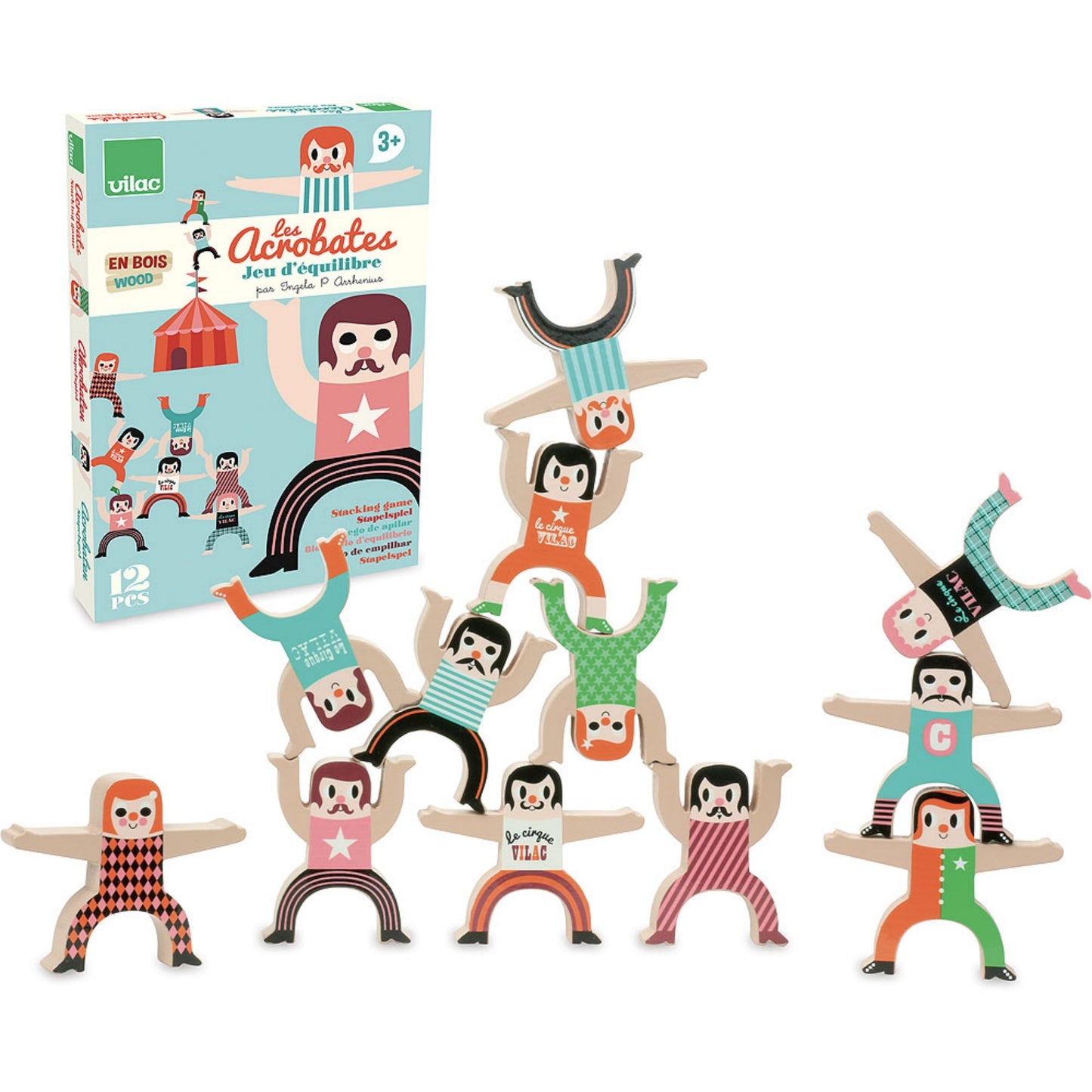 Vilac Balancing Acrobats Designed by Ingela P. Arrhenius | Hand-Crafted Wooden Toy | Wooden Stacking Balancing Game | Packaging and Acrobats | BeoVERDE.ie