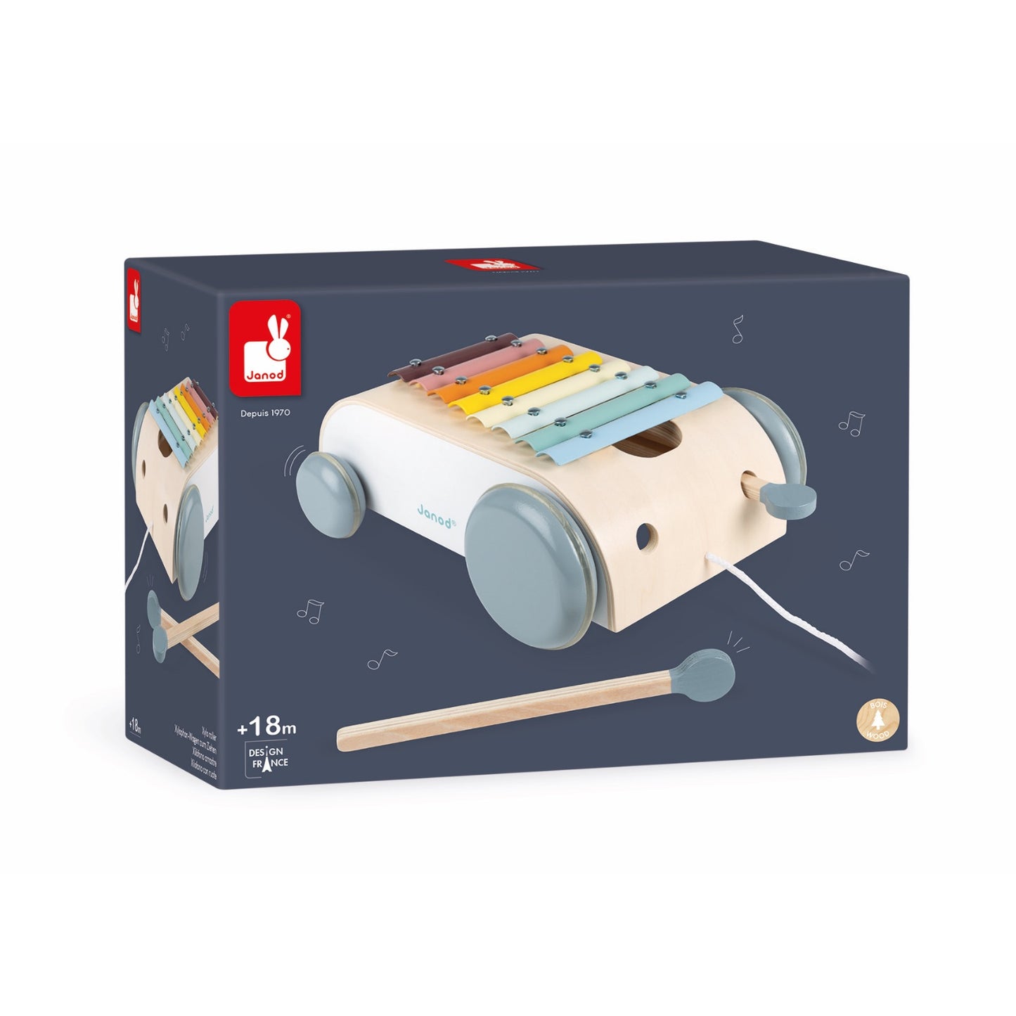 Janod Sweet Cocoon Xylo Roller | Scandi Style Wooden Toddler Activity Toy | Packaging | BeoVERDE.ie