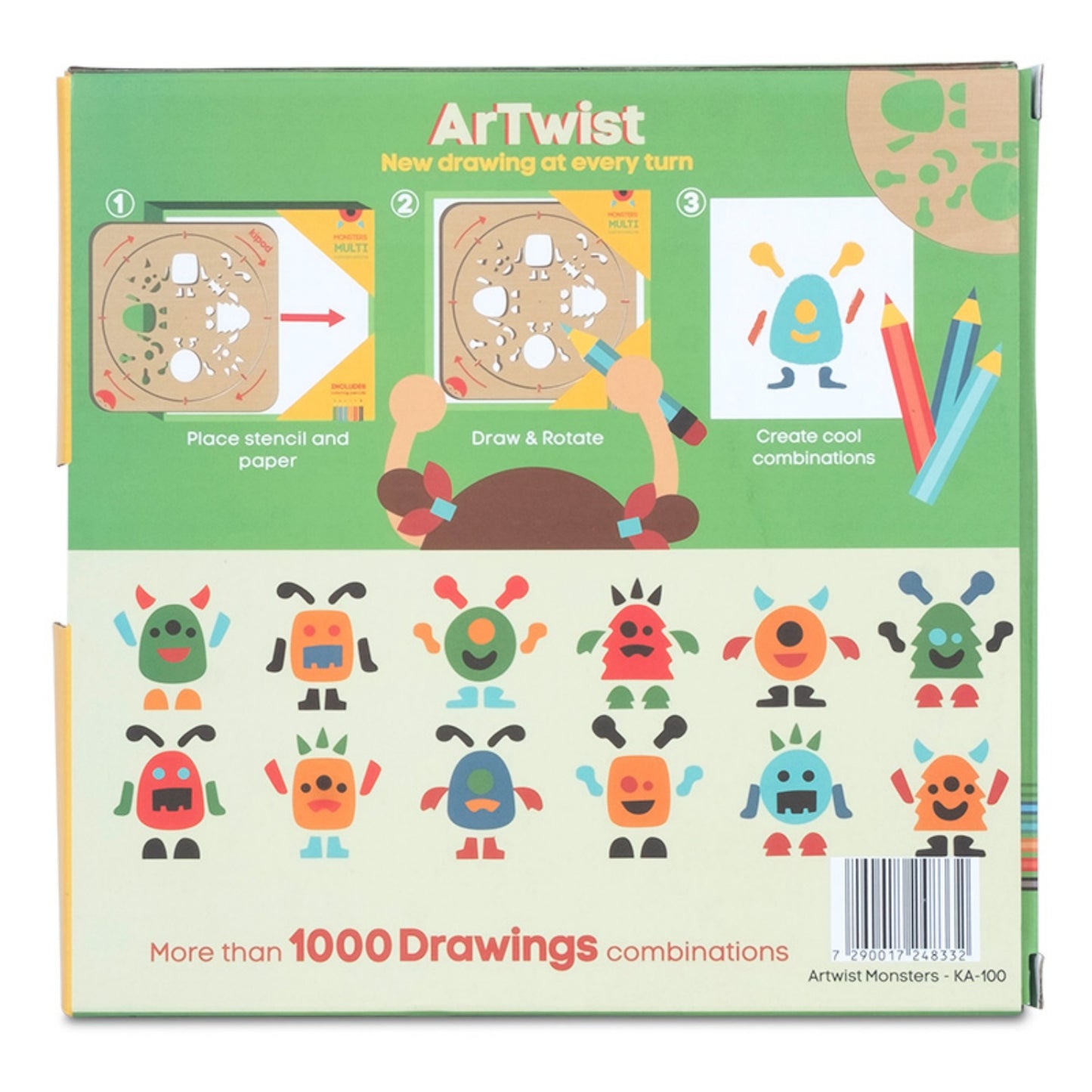 Monsters - Rotating Wooden Drawing Stencil Kit for Children | Kipod Toys | Wooden Arts & Crafts Kit | Educational Wooden Toy | Packaging Back | BeoVERDE.ie