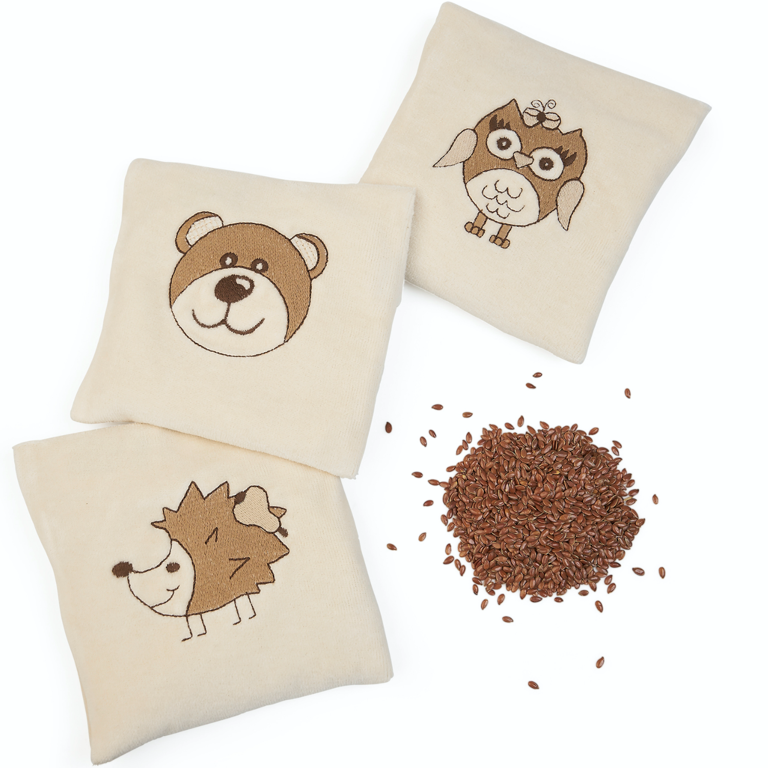 Warming Pillow for Babies | Bear | Organic Flax Seeds and Organic Cotton | Design Variations with Flax Seed Sample | BeoVERDE.ie