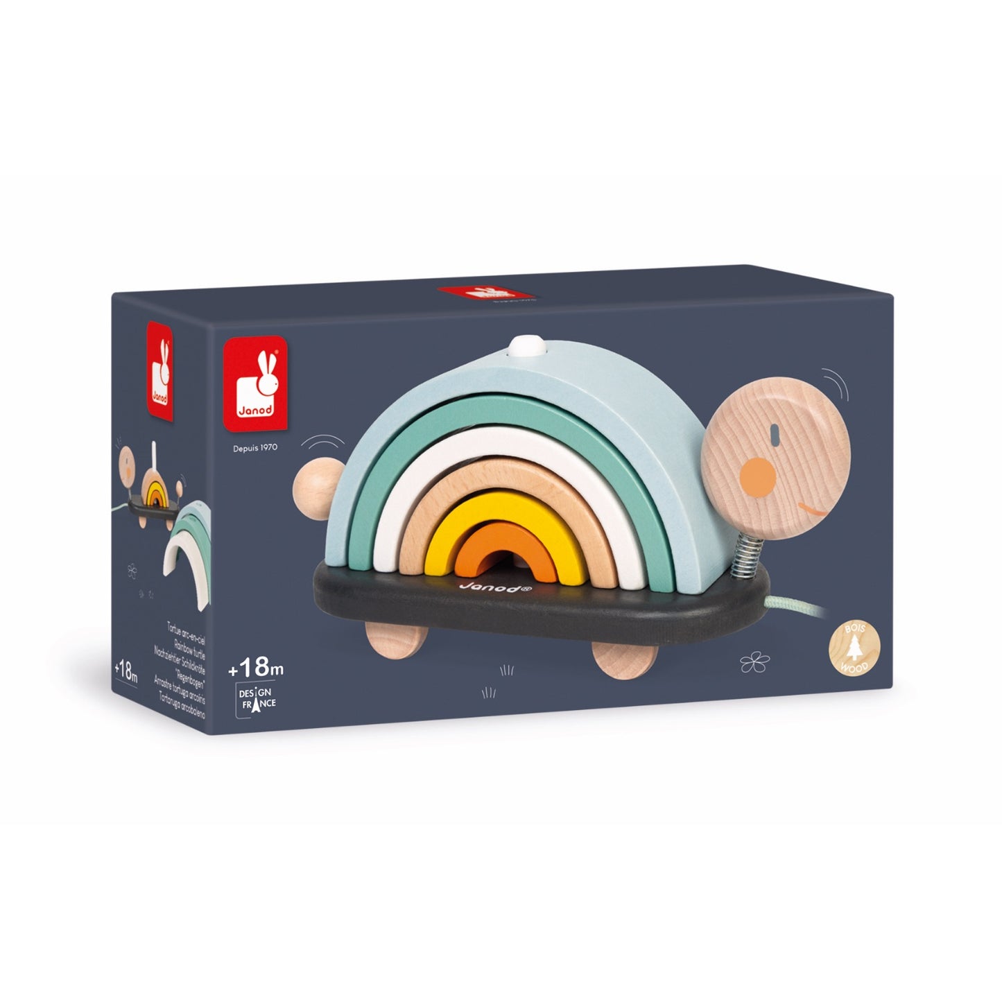 Janod Sweet Cocoon Rainbow Turtle | Scandi Style Wooden Toddler Activity Toy | Packaging | BeoVERDE.ie