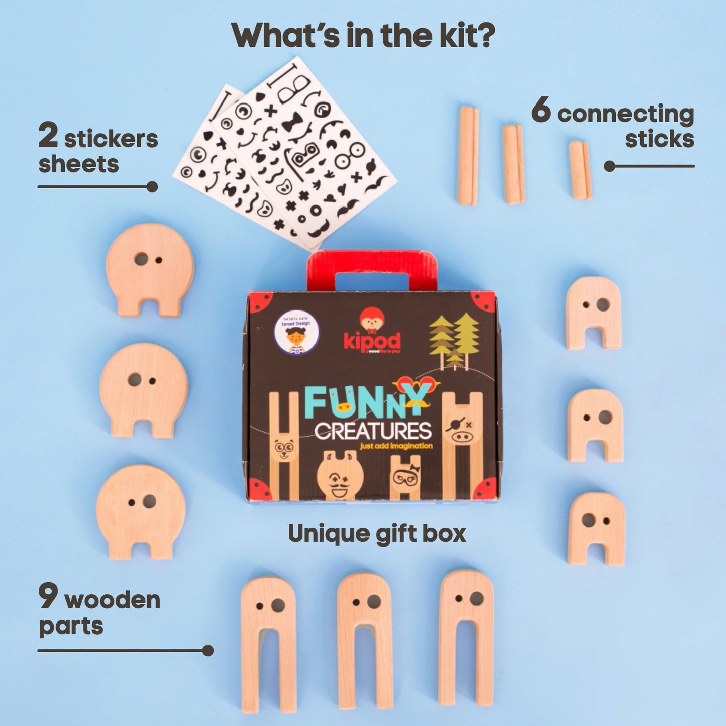 Kipod Toys Funny Creatures | Creative Wooden Toy Play Set | Wooden Assembly Puzzle & Game | Top View – All Items | BeoVERDE.ie