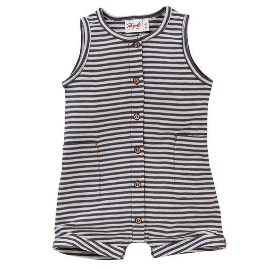Slate-Grey Striped Sleeveless Baby & Toddler Shortie Romper | GOTS Organic Cotton