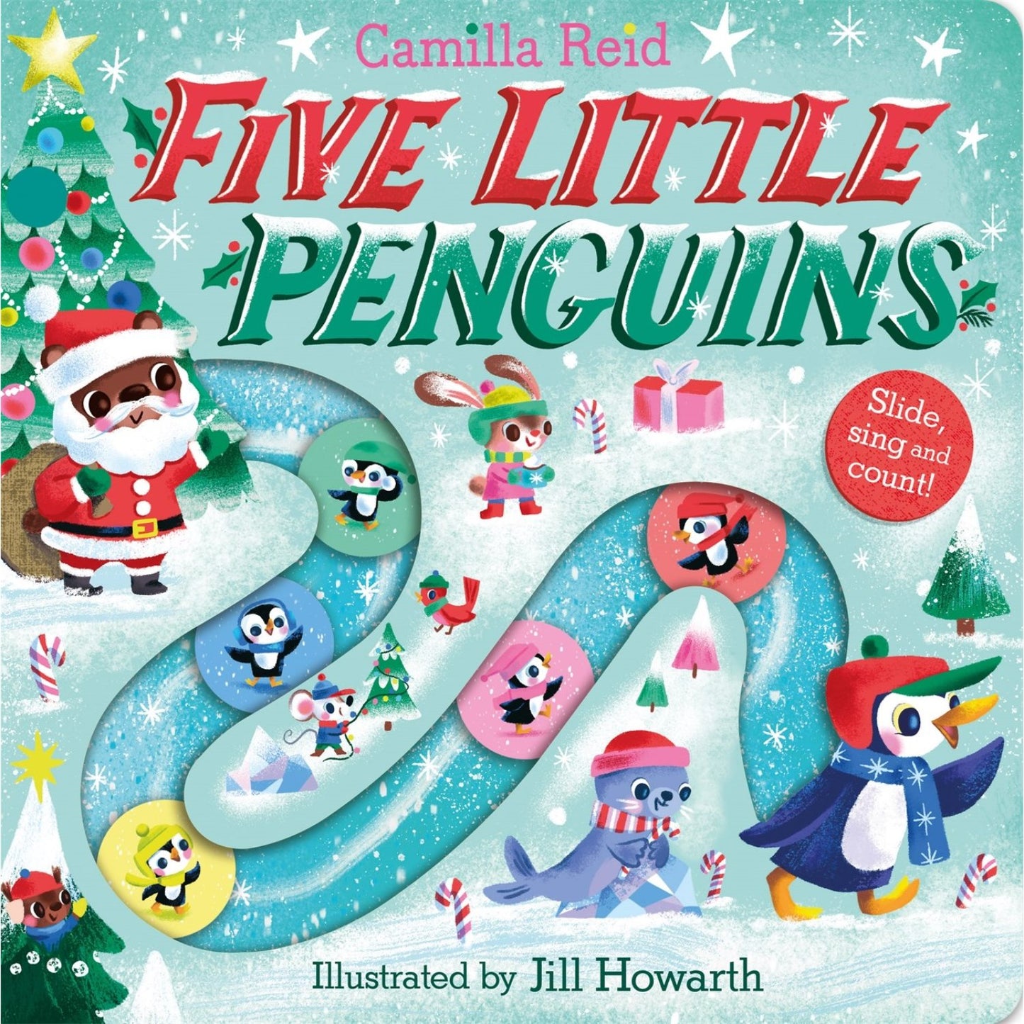 Book cover of 'Five Little Penguins' with penguins and Santa Claus on a snowy background