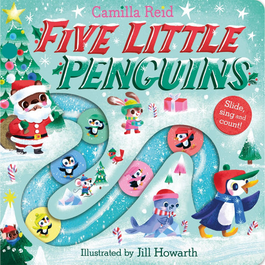 Book cover of 'Five Little Penguins' with penguins and Santa Claus on a snowy background