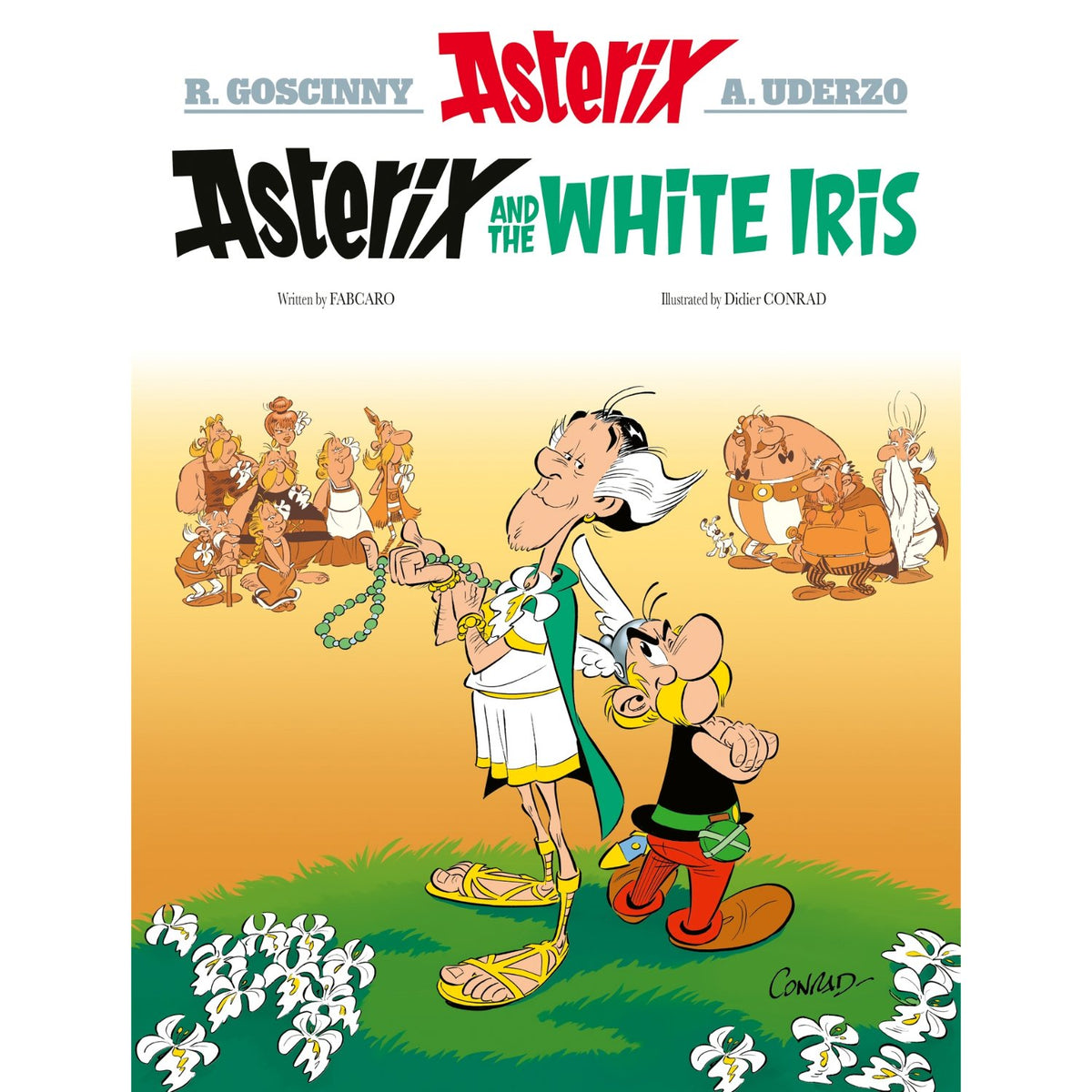 Children's paperback cover: 'Asterix: Asterix and the White Iris' by Fabcaro and Didier Conrad