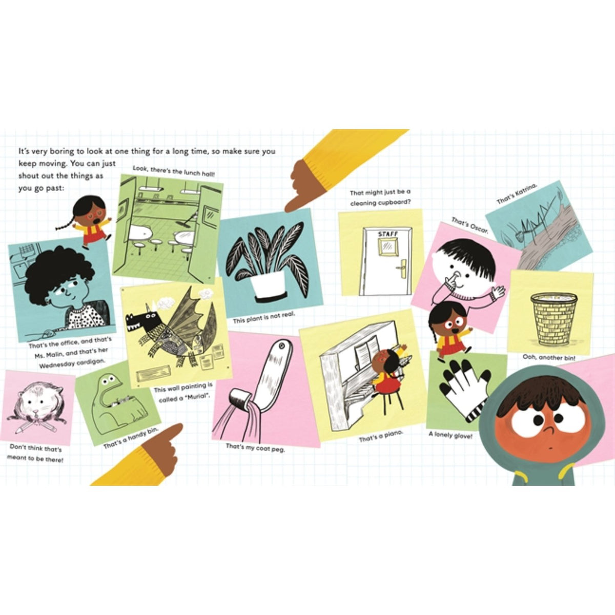 Sample pages (3) from 'Tour at School: Because You're the New Kid!' by Katie Clapham and Nadia Shireen - preschool paperback