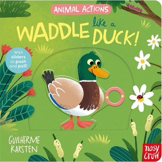 Children's book cover titled 'Waddle Like a Duck!' with a duck illustration and sliders on a green background.