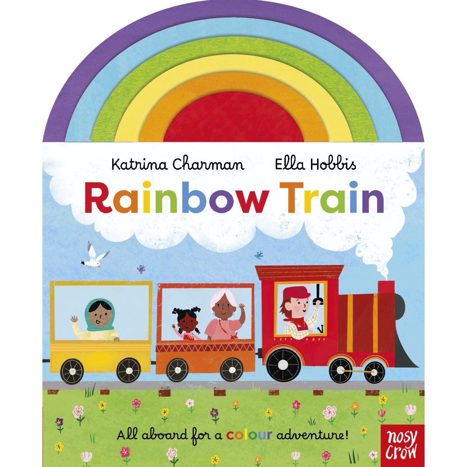 Book cover of 'Rainbow Train' with a colorful train and rainbow design.