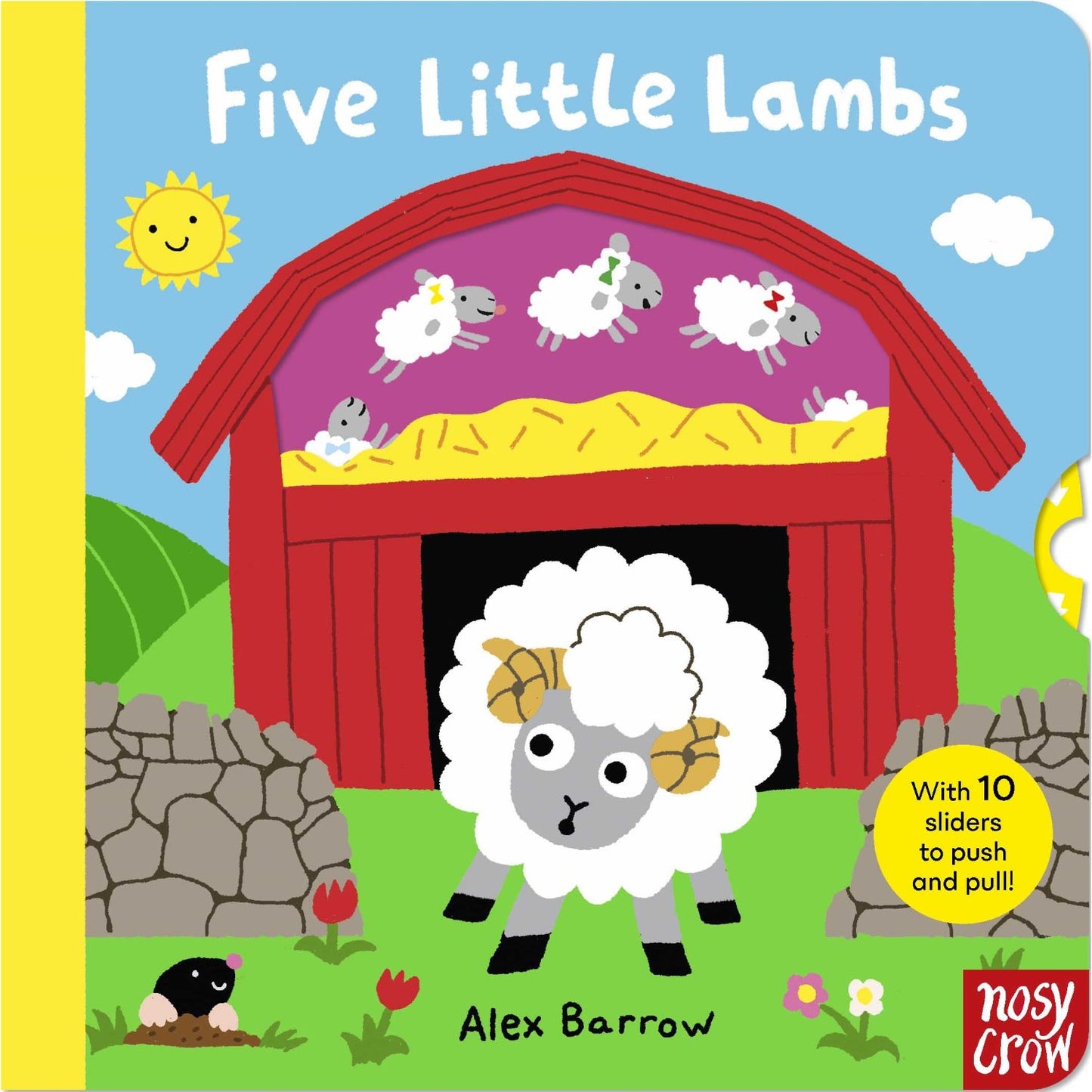 Book cover of 'Five Little Lambs' with a barn and lambs illustration.