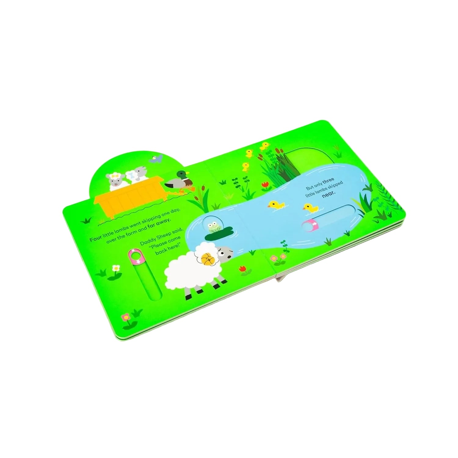 Children's book with a green landscape illustration on a white background