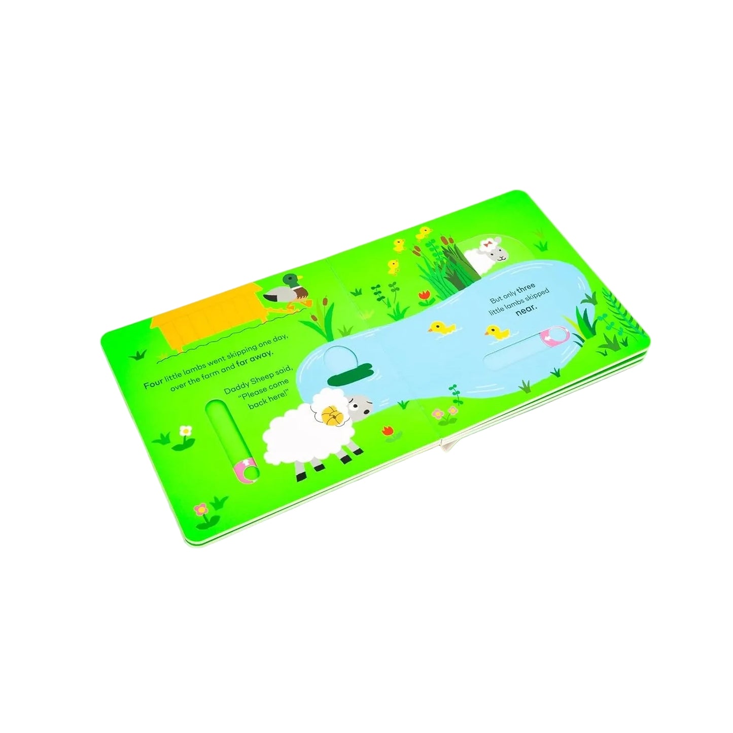 Children's book with a colorful illustration of a sheep by a pond on a white background