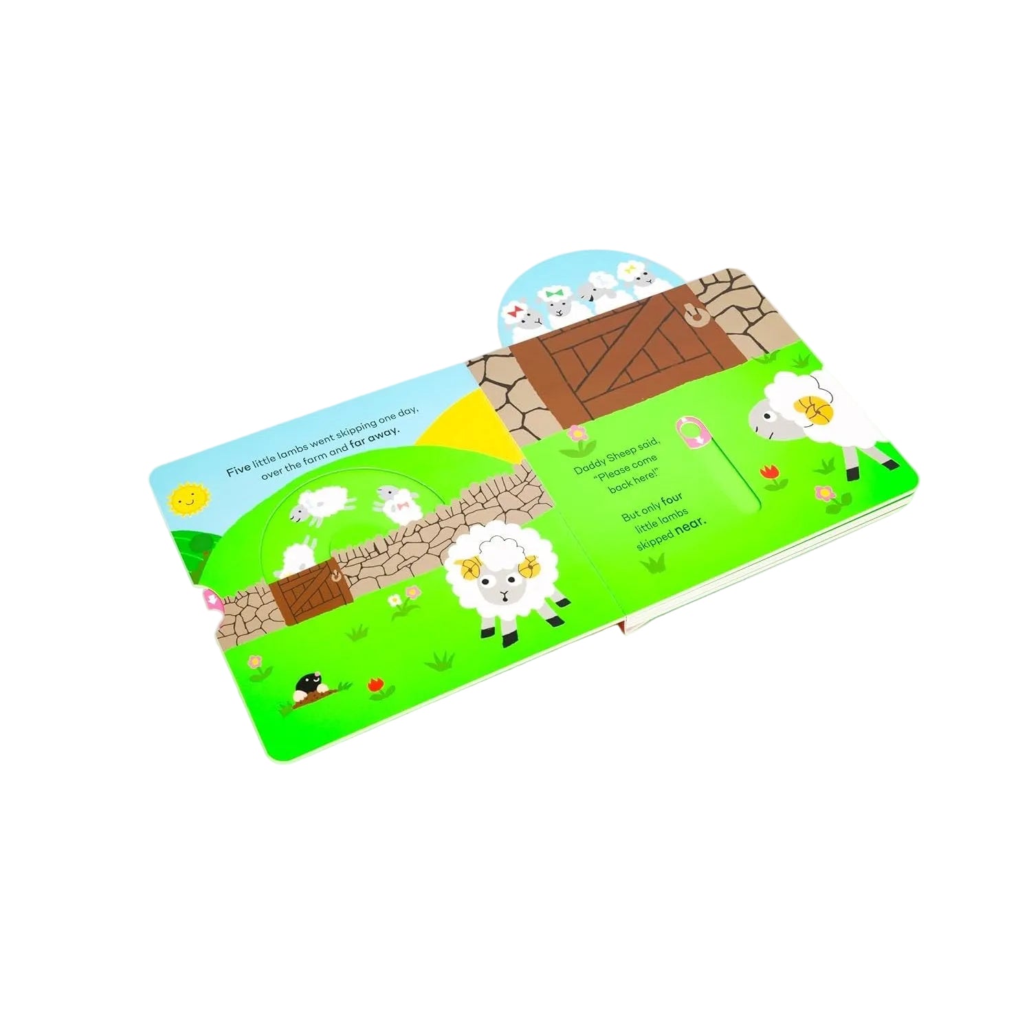 Children's book with farm-themed illustrations on a white background