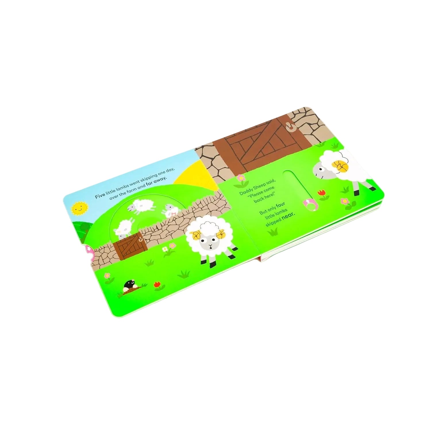 Children's book with farm-themed illustrations on a white background