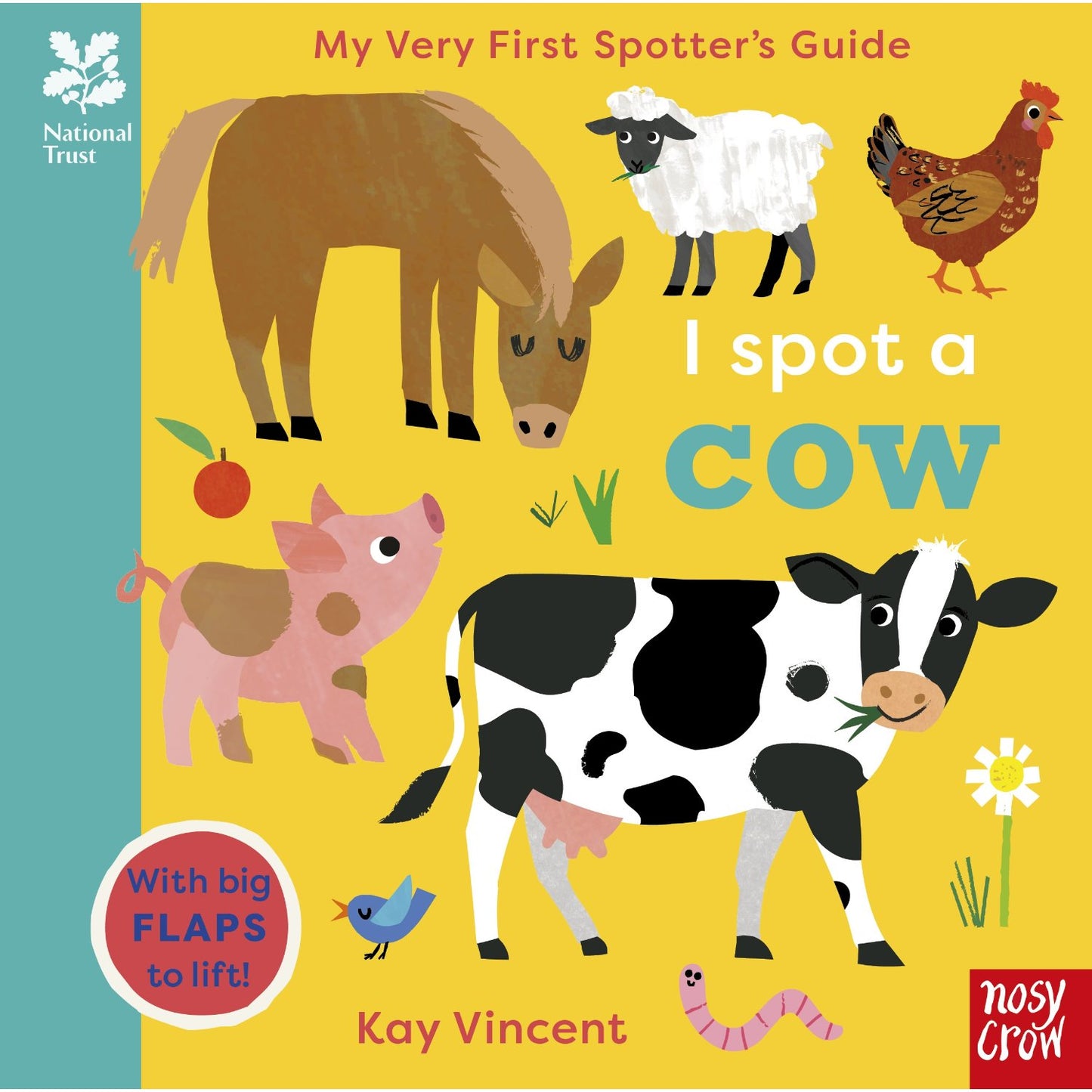 Book cover of 'I Spot a Cow' with illustrations of farm animals on a yellow background.