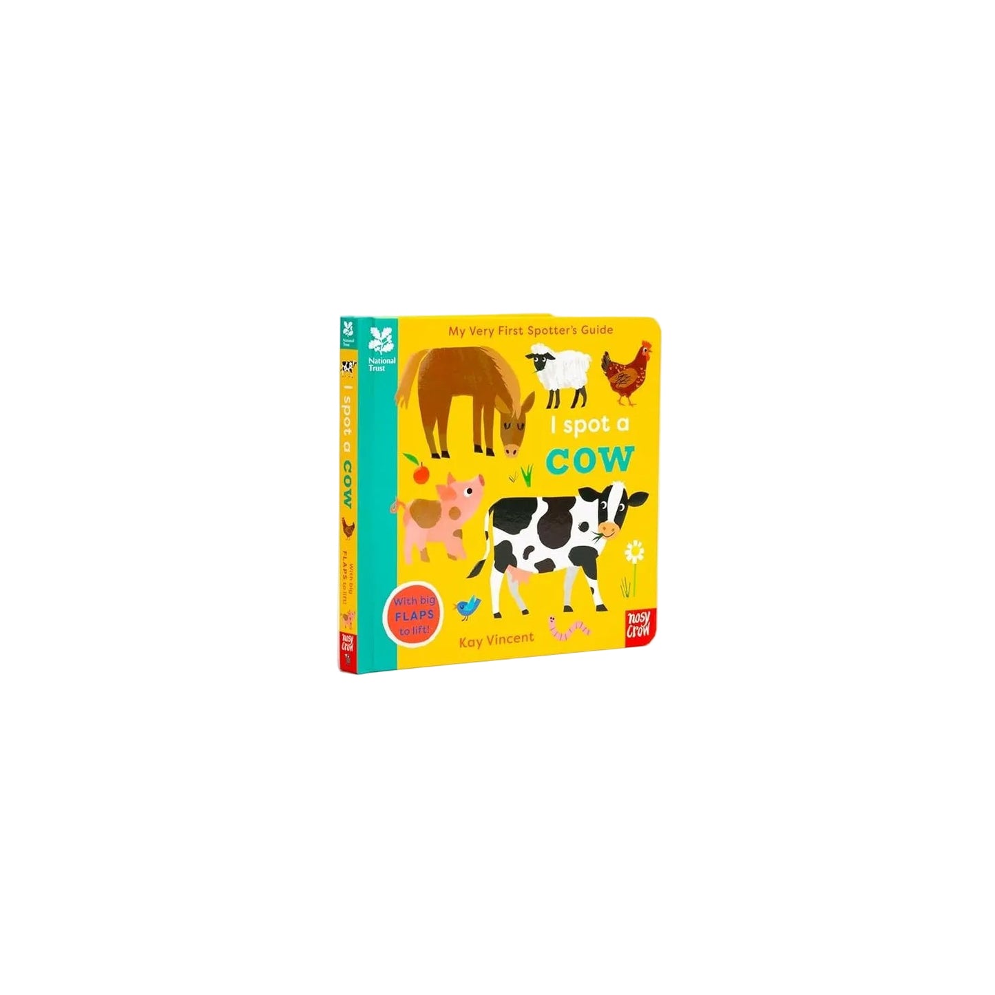 Children's book titled 'I spot a cow' with farm animal illustrations on a white background