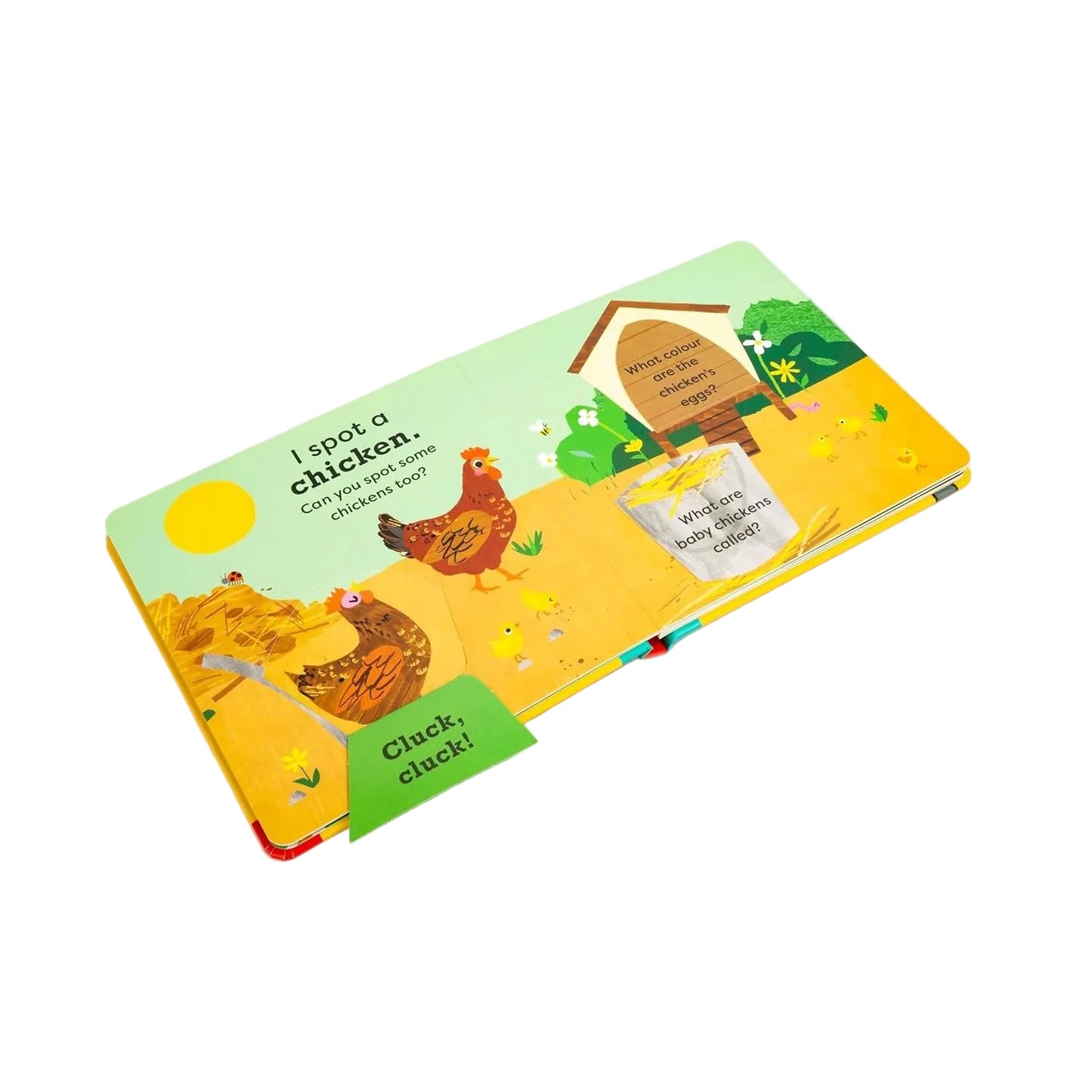 Children's book with farm-themed illustrations on a white background