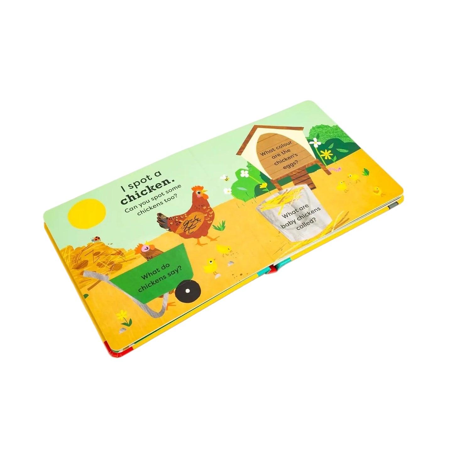 Children's book with farm-themed illustrations on a white background