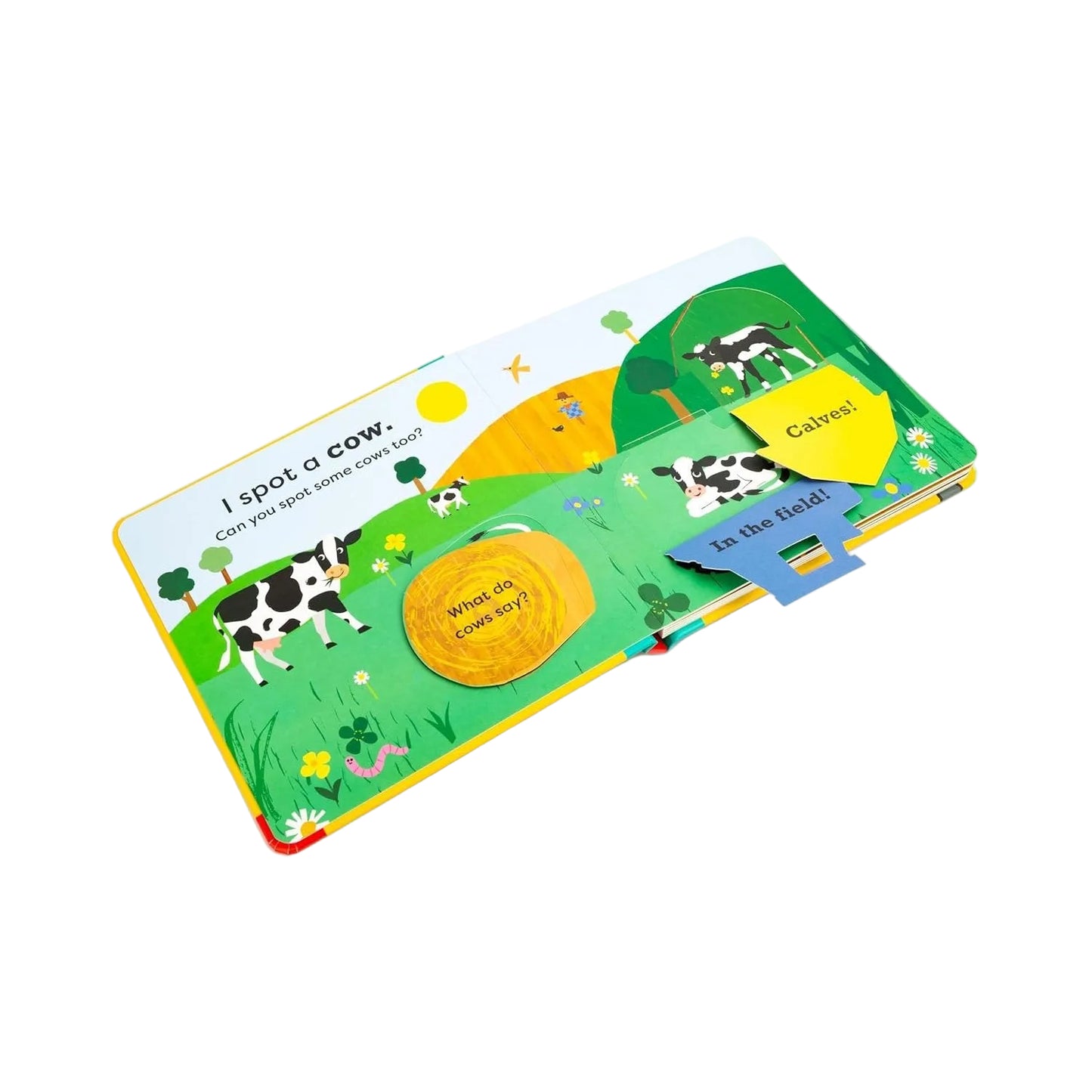 Children's book with farm-themed illustrations and interactive elements on a white background