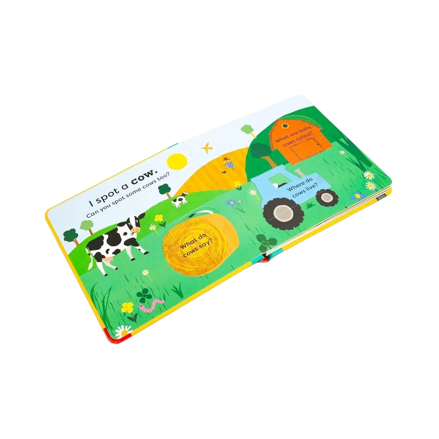 Children's book with farm-themed illustrations on a white background