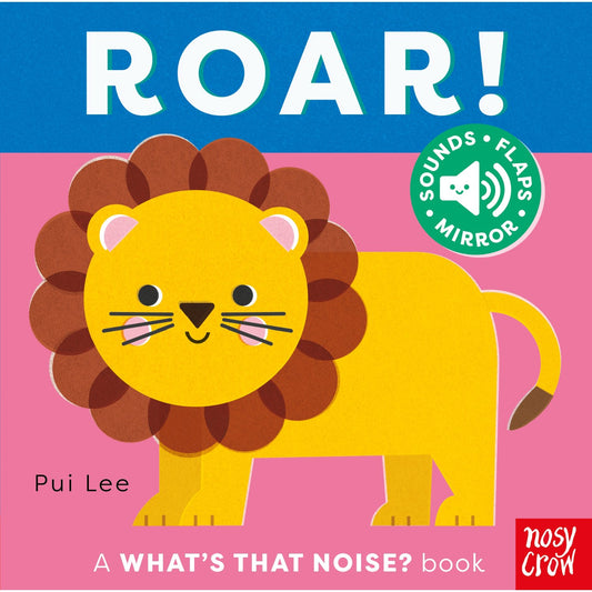 Book cover of 'Roar!' featuring a lion illustration on a blue and pink background.