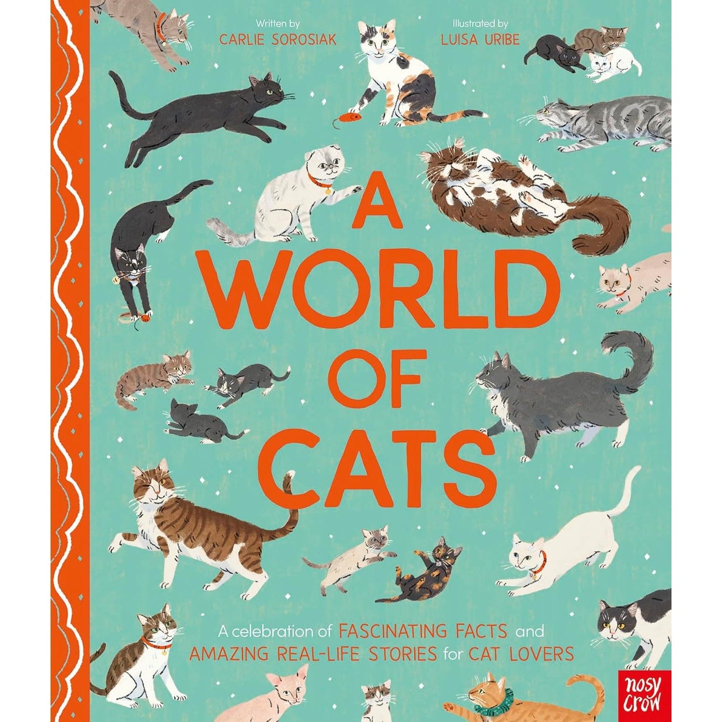 Book cover of 'A World of Cats' with illustrations of cats and text on a teal background.