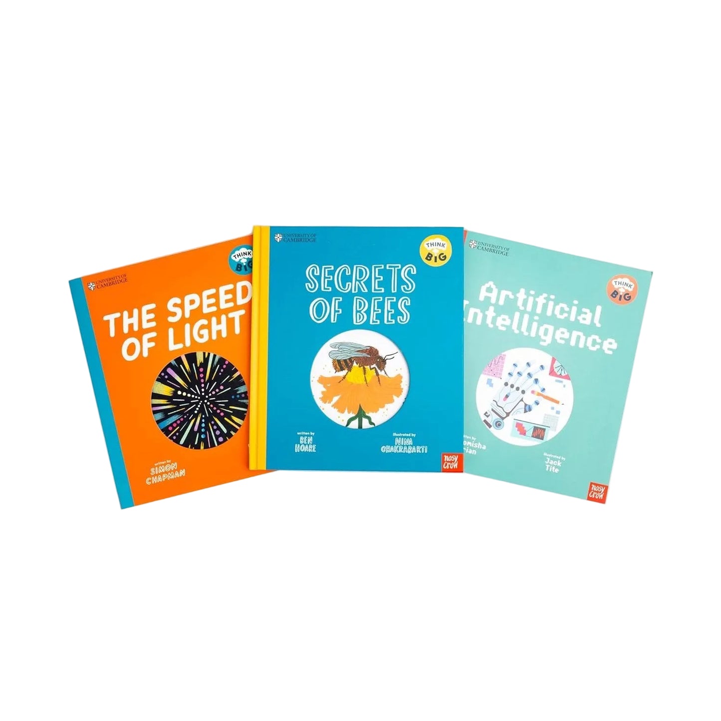 Three books titled 'The Speed of Light', 'Secrets of Bees', and 'Artificial Intelligence' on a white background.