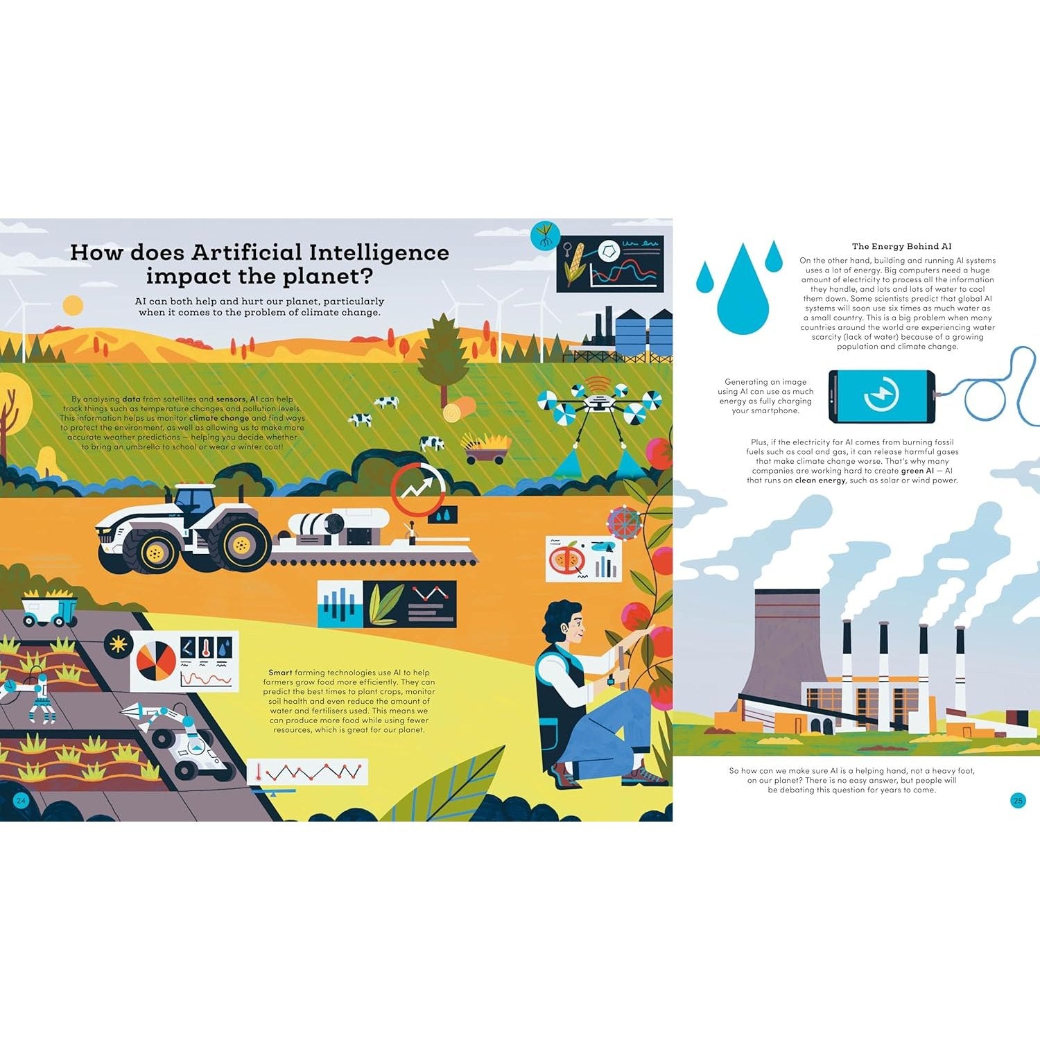 Illustrated infographic about the impact of artificial intelligence on the planet, featuring a tractor, factory, and person interacting.