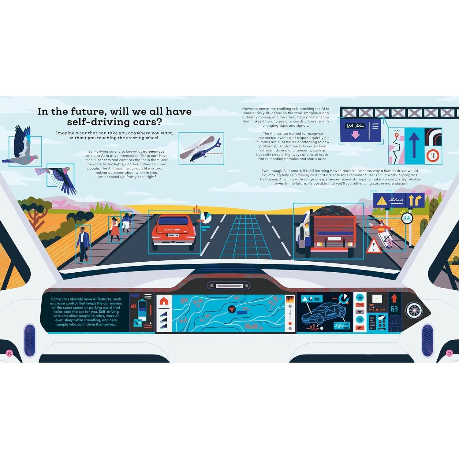 Illustration of a self-driving car's interior with futuristic dashboard and road scene outside.