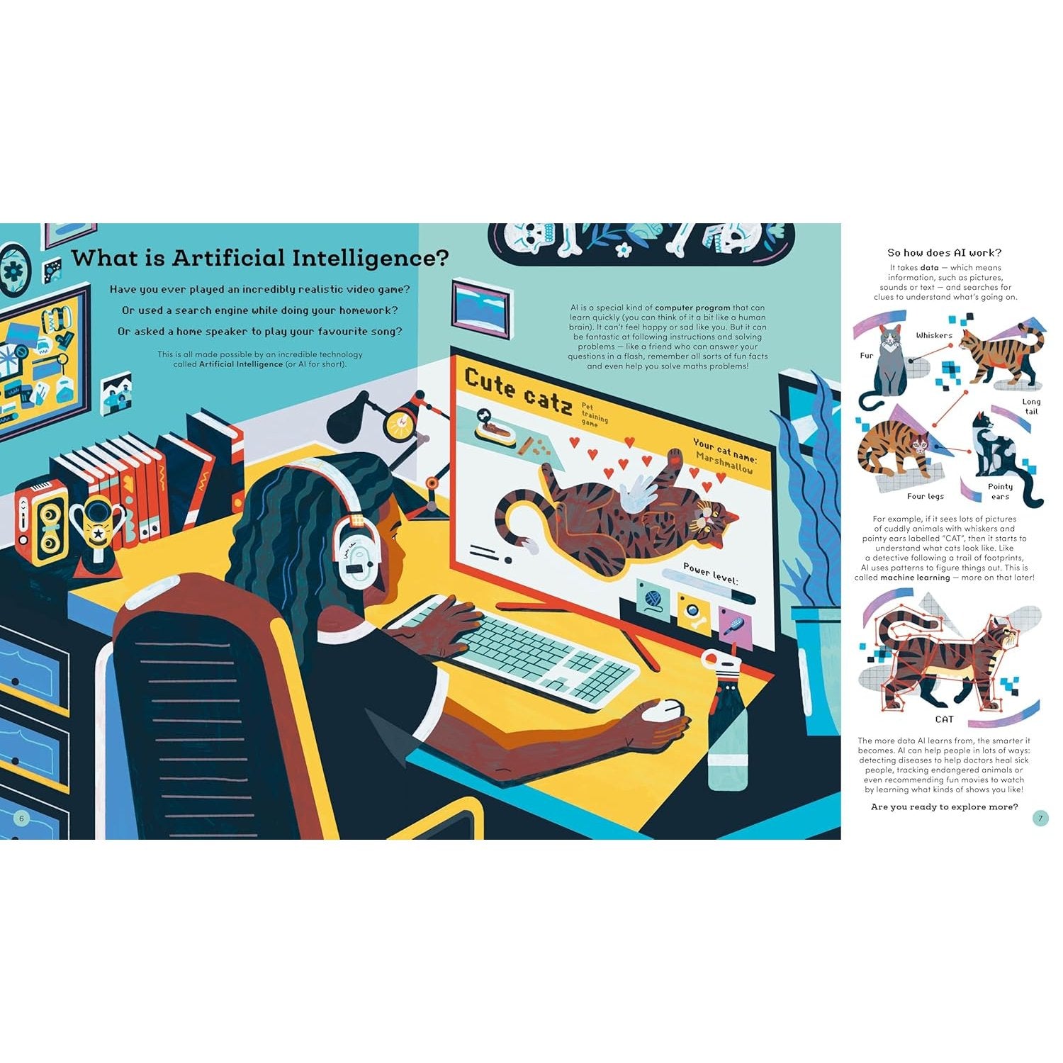Illustrated page about artificial intelligence with a person at a computer and various graphics.