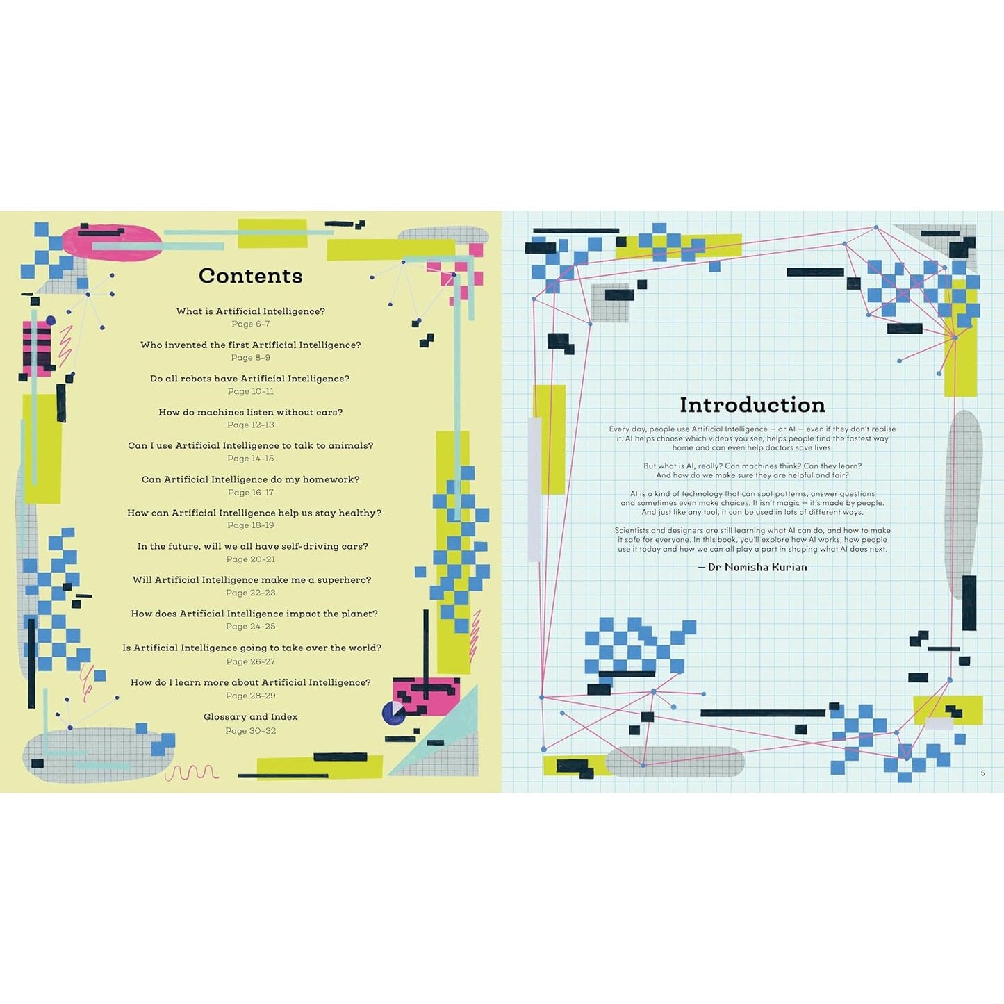 Open book with colorful text and graphics on a white background