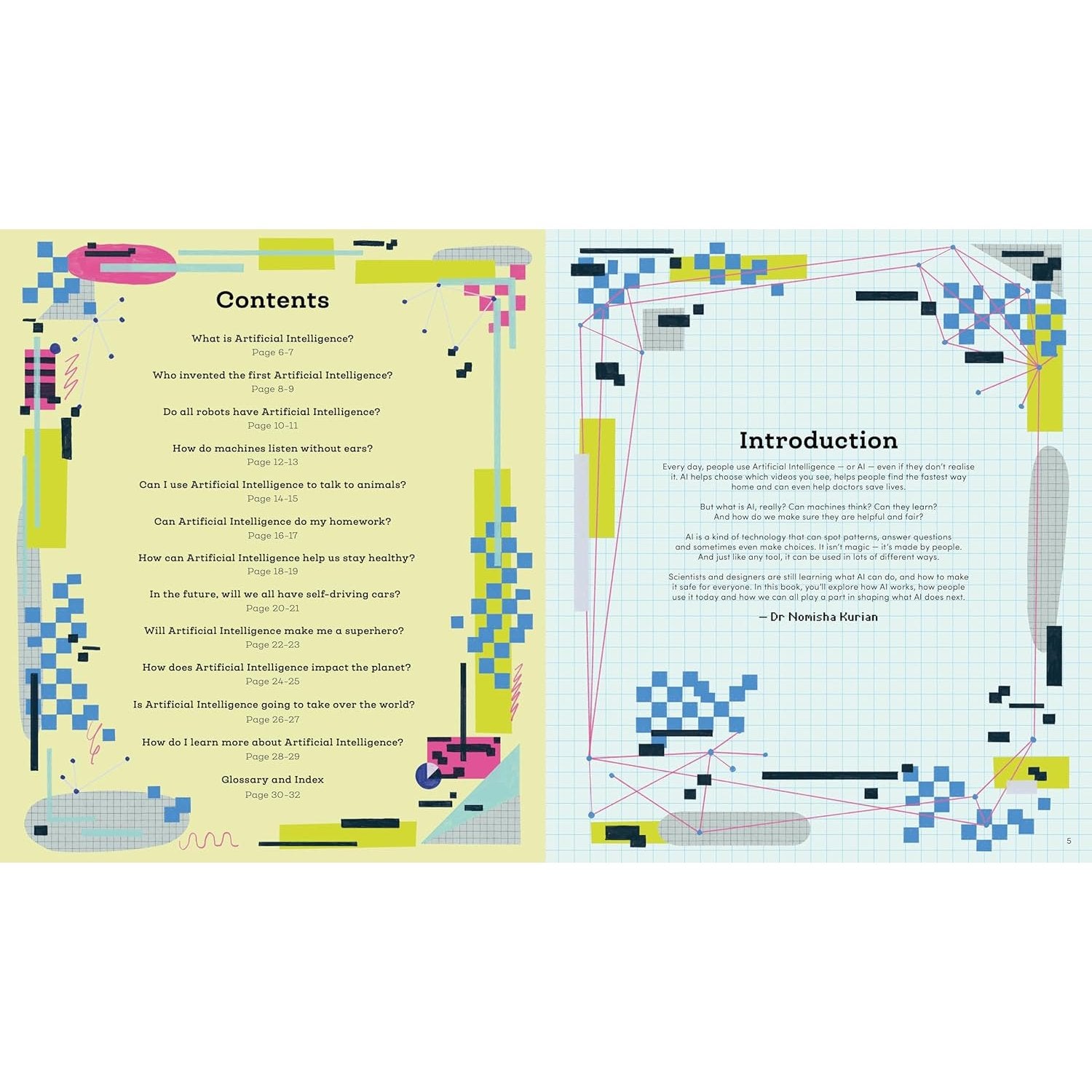 Open book with colorful text and graphics on a white background