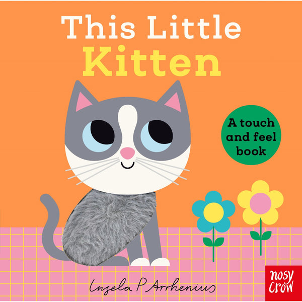 Book cover of 'This Little Kitten' with a gray kitten illustration on an orange background.