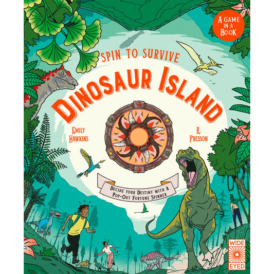 Children's novelty book cover: 'Spin to Survive: Dinosaur Island' by Emily Hawkins and Ruby Fresson