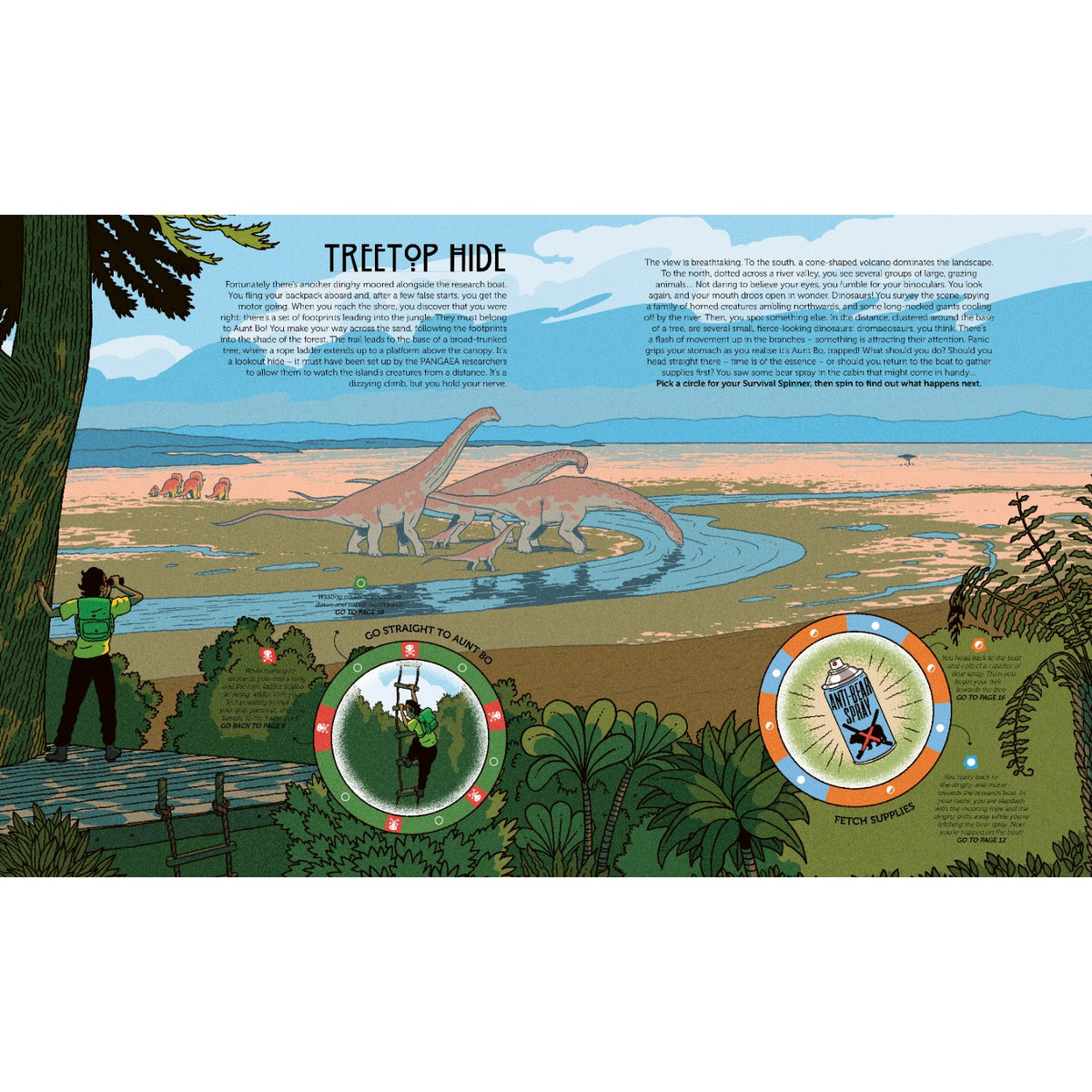 Sample pages (2) from 'Spin to Survive: Dinosaur Island' by Emily Hawkins and Ruby Fresson - children's novelty book