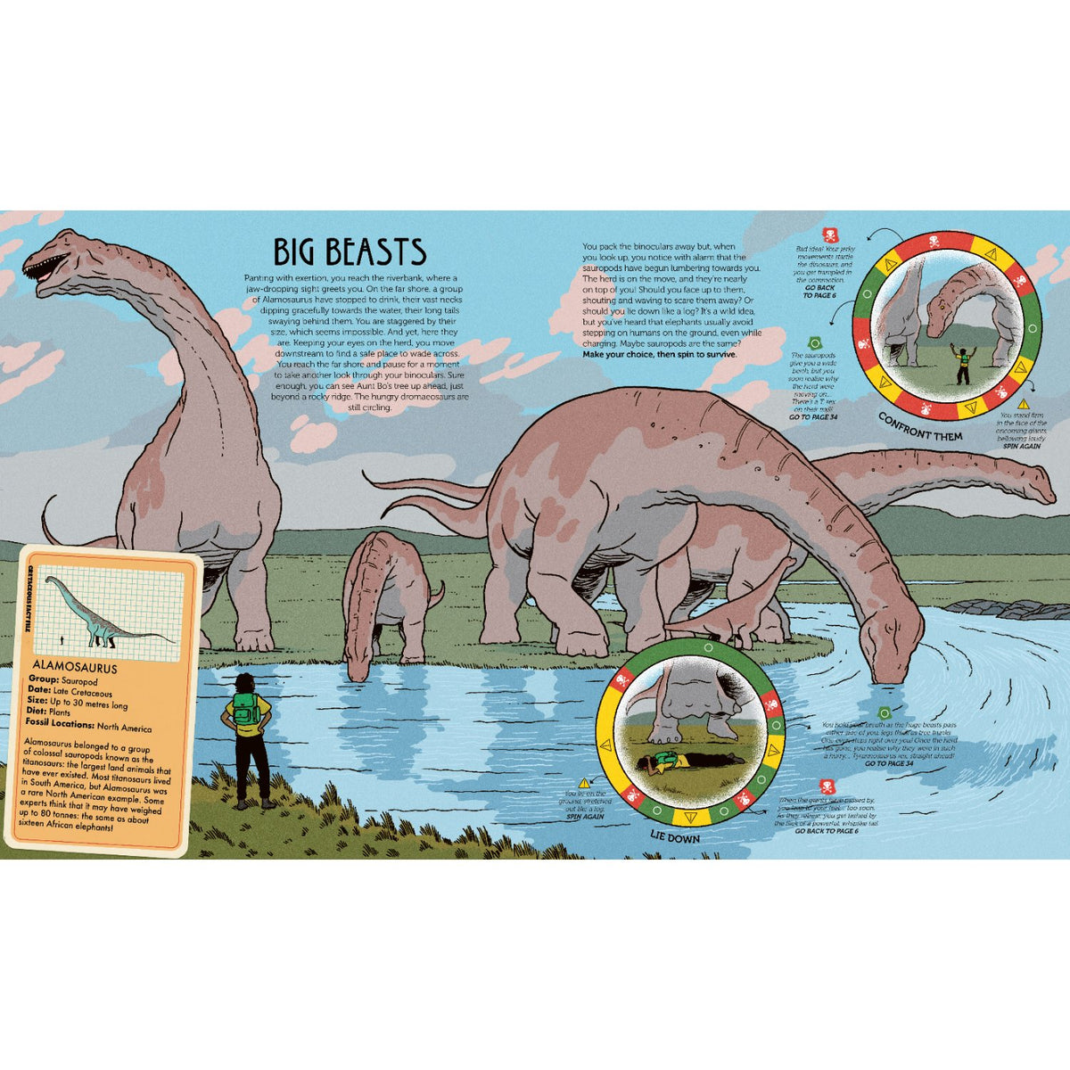 Sample pages (3) from 'Spin to Survive: Dinosaur Island' by Emily Hawkins and Ruby Fresson - children's novelty book