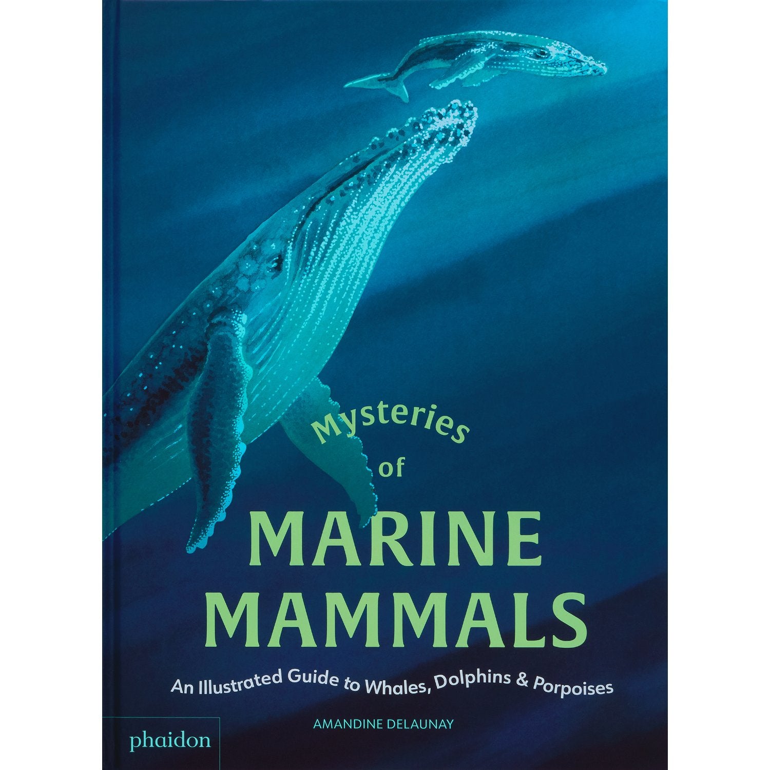 Book cover of 'Mysteries of Marine Mammals' with whales on a blue background