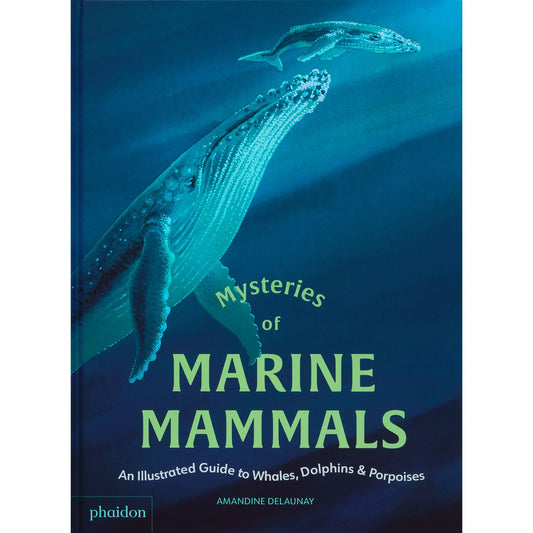 Book cover of 'Mysteries of Marine Mammals' with whales on a blue background