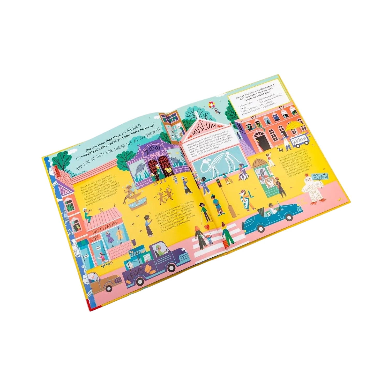 Open book with colorful illustrations on a white background