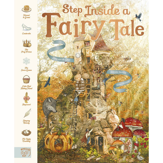 Book cover of 'Step Inside a Fairy Tale' with fairy tale elements and castle illustration.