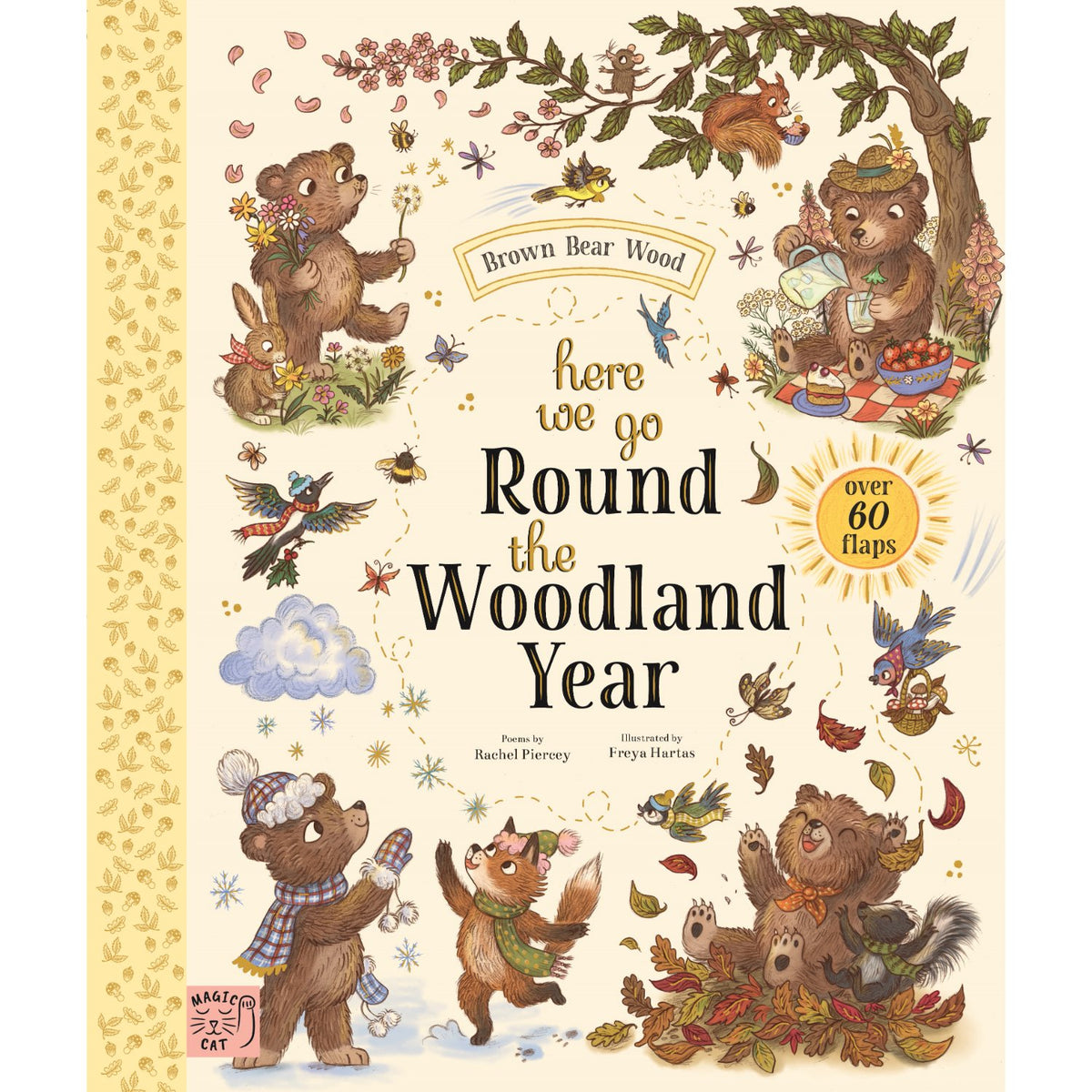 Preschool board book cover: 'Here We Go Round the Woodland Year' by Rachel Piercey and Freya Hartas