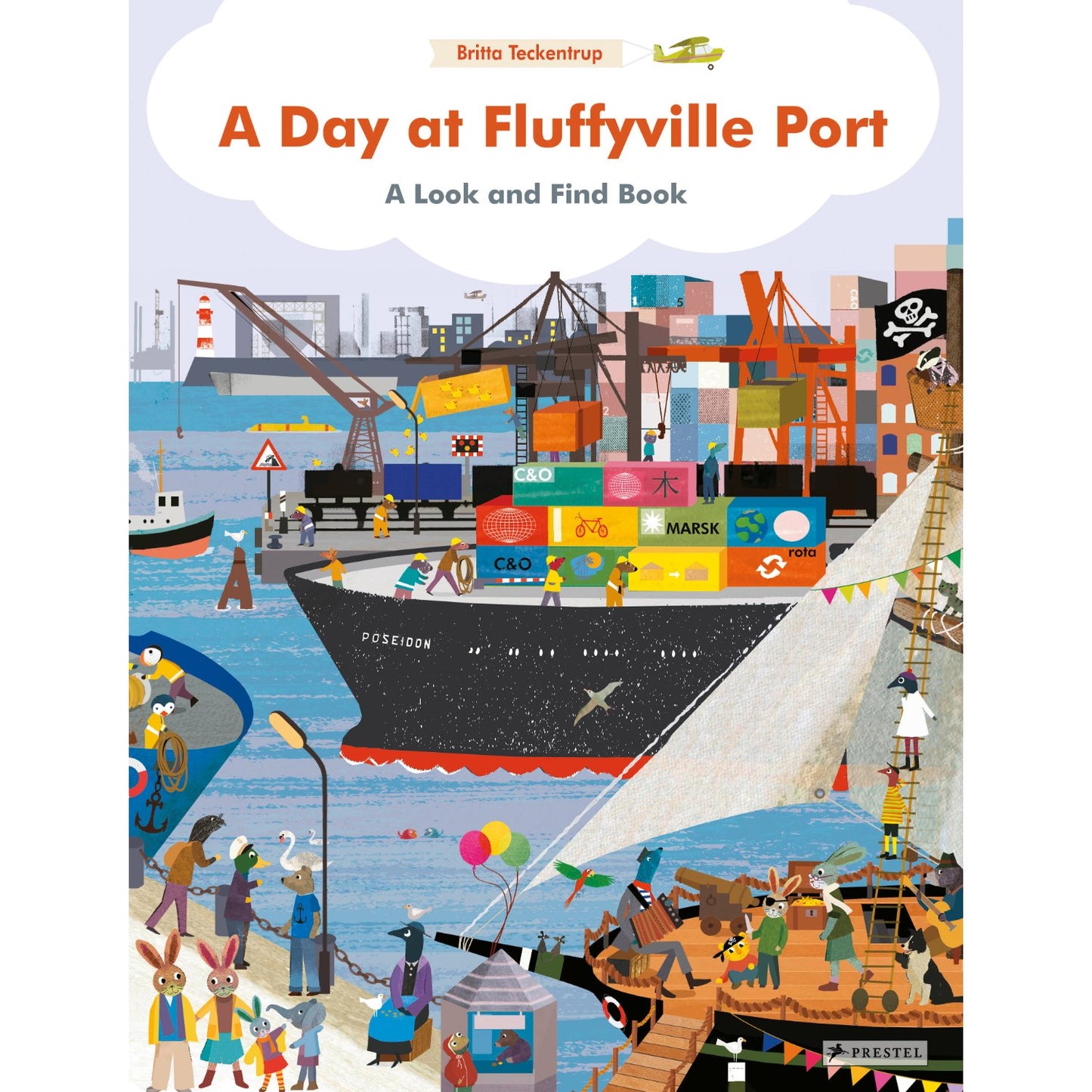 Book cover of 'A Day at Fluffyville Port' with a colorful illustration of a port scene.