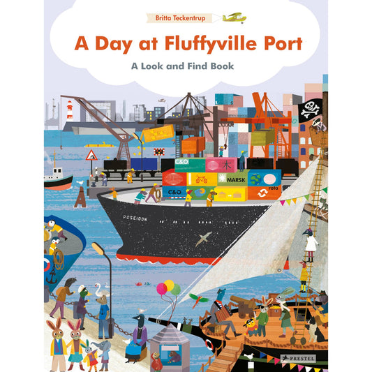 Book cover of 'A Day at Fluffyville Port' with a colorful illustration of a port scene.