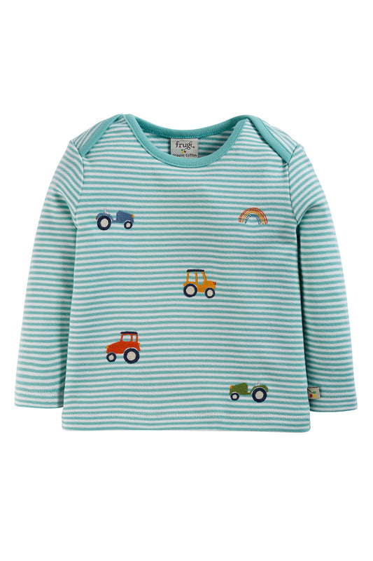 Moss Stripe / Tractors | Bobby Embroidered Top | Long Sleeve Top | GOTS Organic Cotton