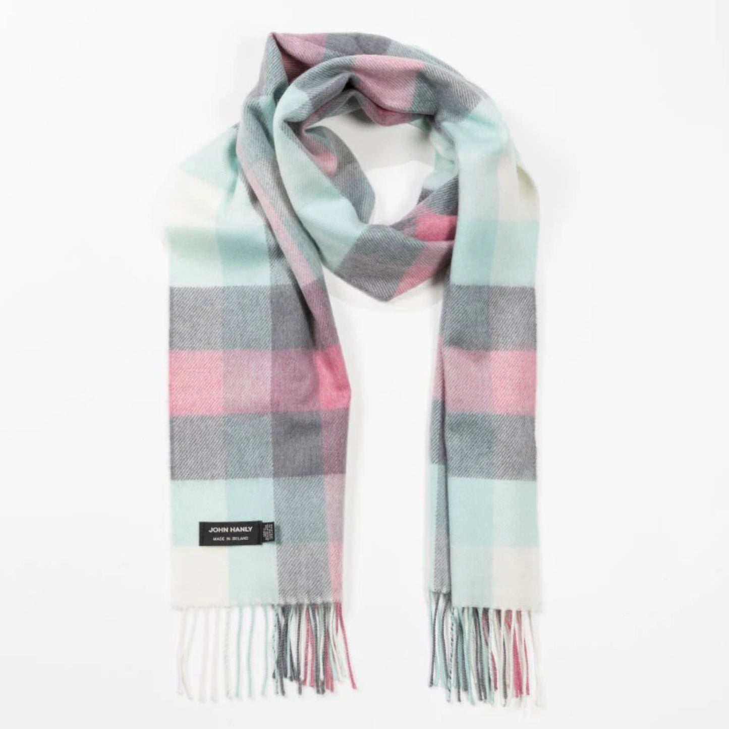 Aqua, Grey, Cream & Pink Block Check Pattern | Merino Luxury Wool Scarf | Made in Nenagh, Co. Tipperary